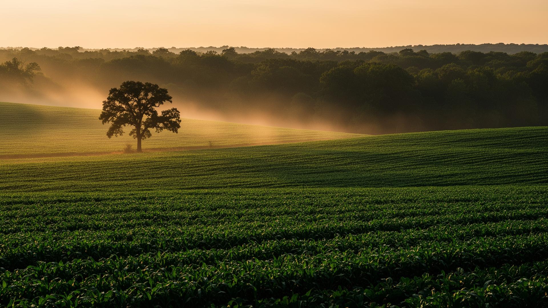 Rolling farmland at sunrise with a lone oak tree